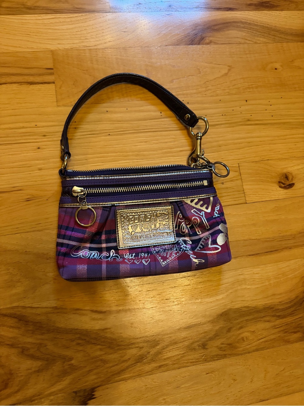 Coach Purple Plaid Script Wristlet with Gold Plaque